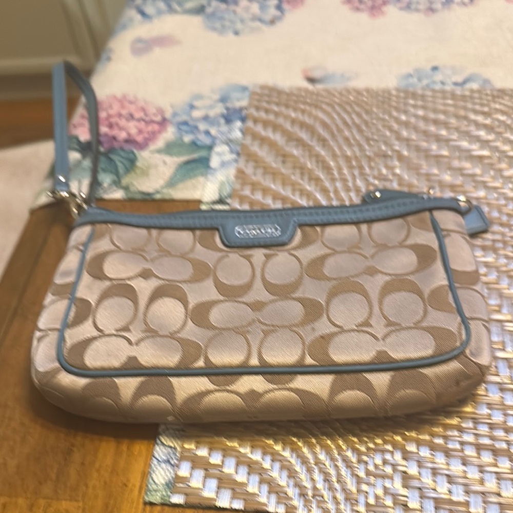Coach Signature Tan and Blue Wristlet